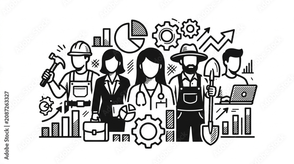 Naklejka premium Diverse Professions Represented in Doodle Style.