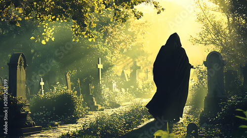 A person in a black cloak walks through a cemetery