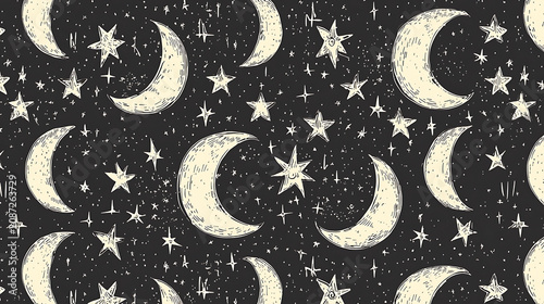 A black and white drawing of a starry night sky with a pattern of crescent moons