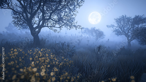 A moonlit forest with a large moon in the sky
