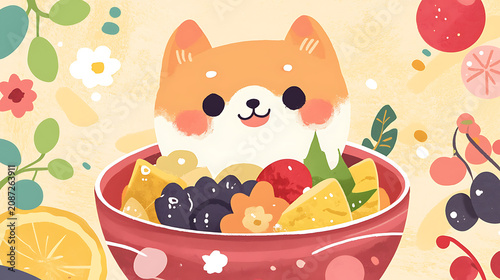 A cartoon cat is sitting in a bowl of fruit