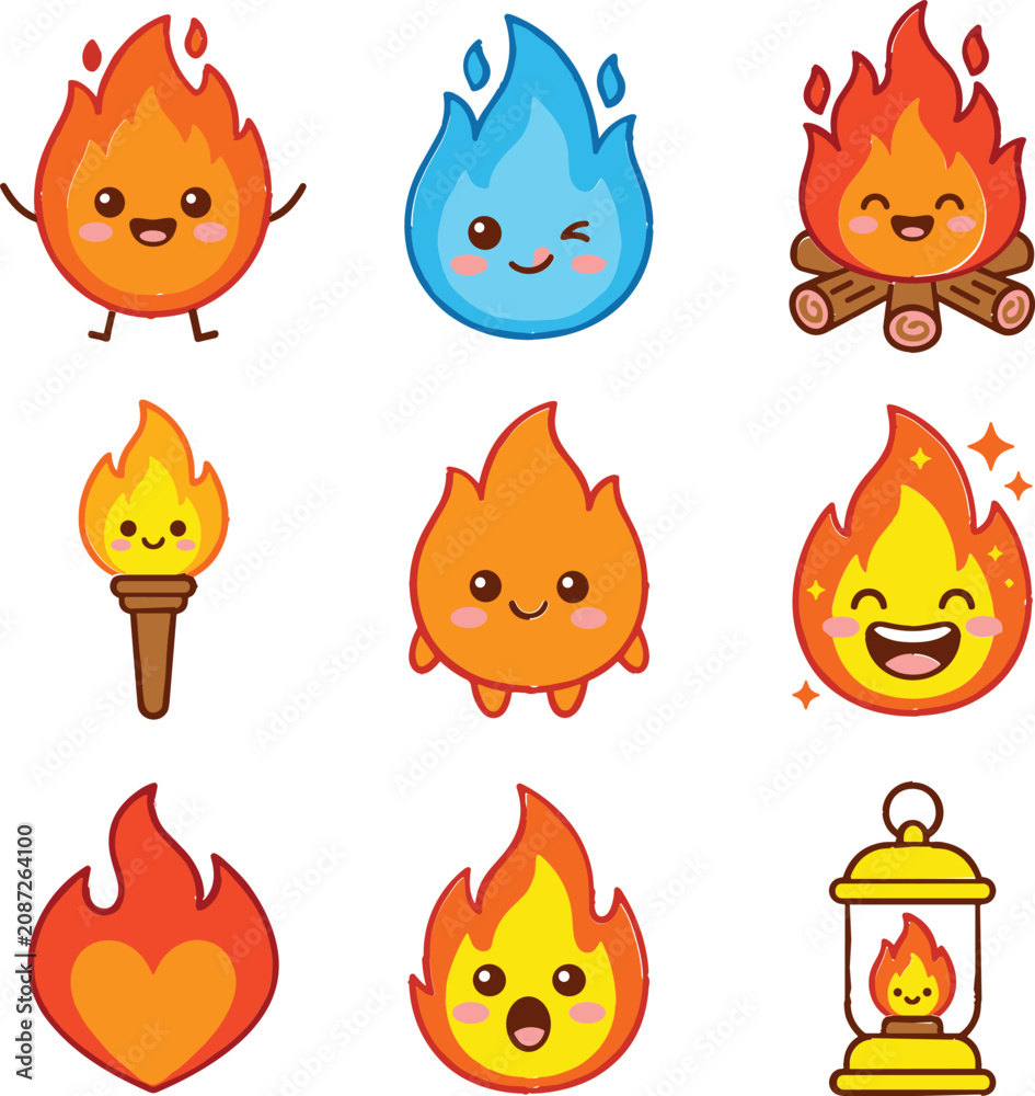 Fototapeta premium Cute kawaii fire flame sticker bundle featuring happy cartoon bonfire torch lantern and blue fire characters vector illustration isolated on white