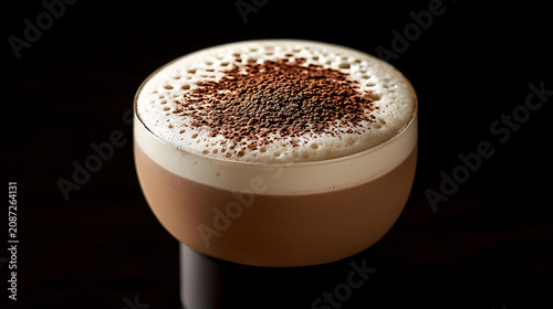 A bowl of chocolate milk with a foam top
