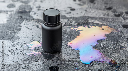A bottle of liquid is sitting on a wet surface