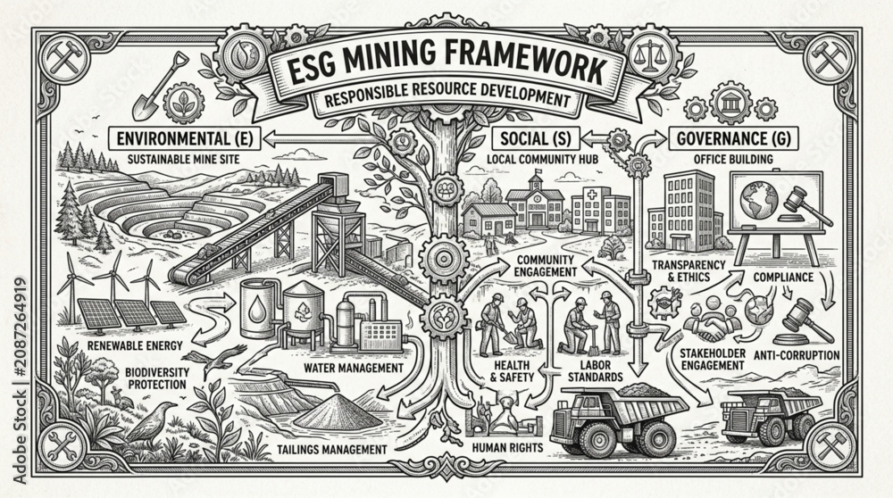 Obraz premium ESG Mining Framework Diagram Illustrating Sustainability Concepts.