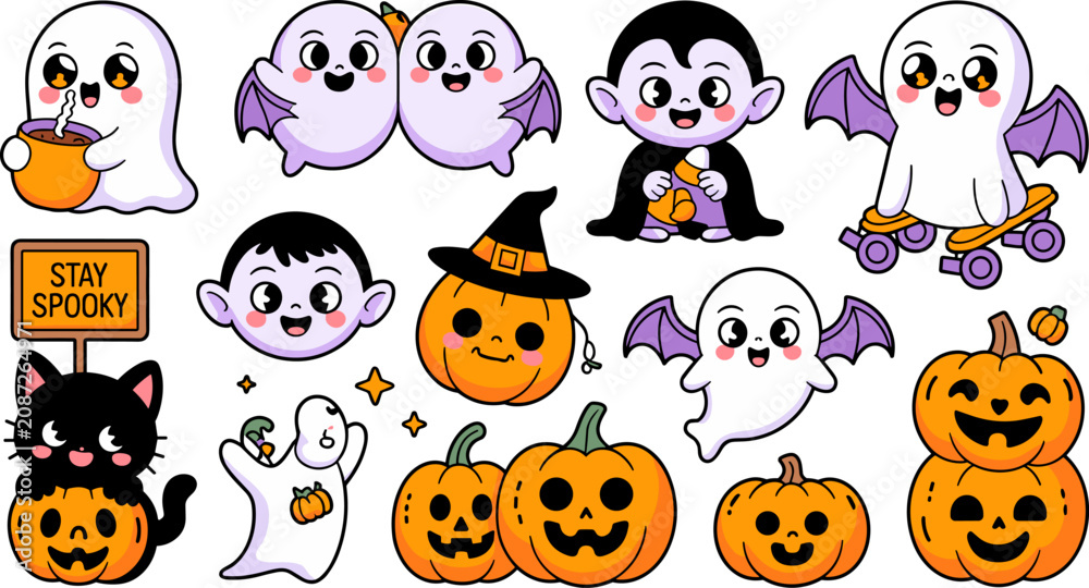 Fototapeta premium Cute halloween character collection kawaii ghosts pumpkins black cat and witch for festive designs