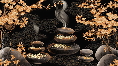 A black and gold background with a tree and smoke in the background