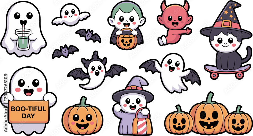 Fototapeta premium Cute halloween character set ghosts witches devils pumpkins bats kawaii style vector illustration