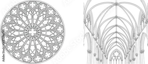 Photos Gothic rose window and vaulted ceiling line drawing on white background