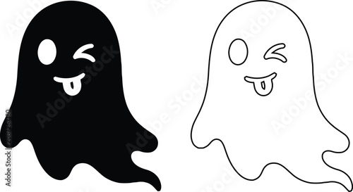 Bild auf Leinwand Silly ghost icon set winking with tongue out in silhouette and outline style, pl