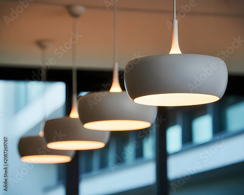 Modern white pendant lamps hanging in a row inside a bright office space