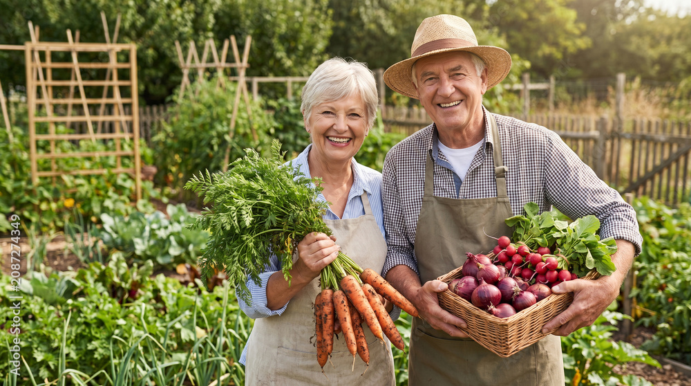 Fototapeta premium Happy senior couple holding carrots and basket of vegetables in organic garden, healthy harvest and farming concept