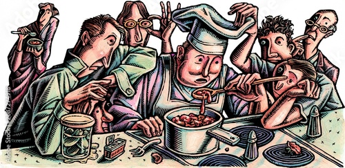Фотография chef tastes food as people scrutinize his cooking