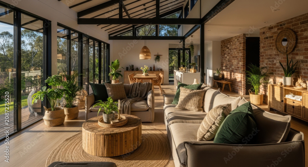 Fototapeta premium Modern Living Room With Abundant Natural Light And Lush Greenery