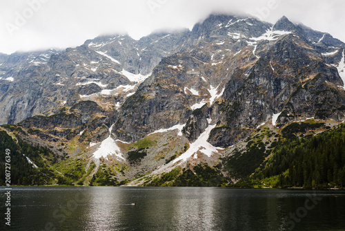 A view of the Tatra Mountains and Morskie Oko. Morskie Oko has the Tatra peaks and Rysy in the background.
