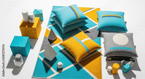 Modern Geometric Print Pillows And Rug Display with Blocks