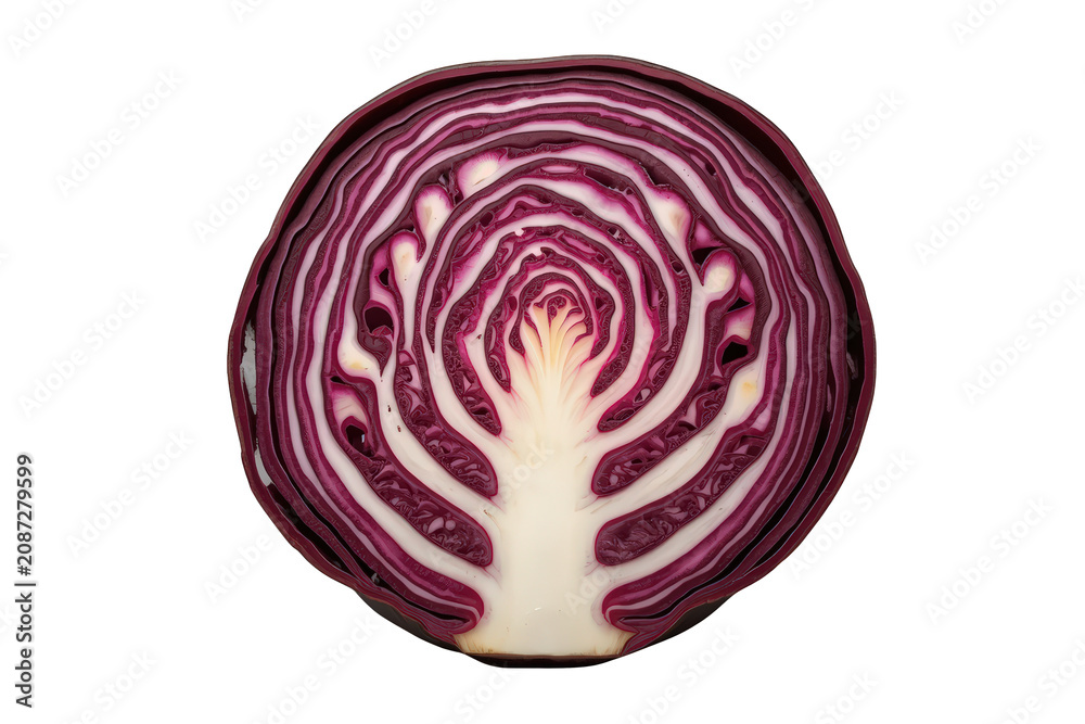 Obraz premium Red cabbage cross-section showing vibrant purple and white inner layers, fresh healthy organic vegetable, transparent background