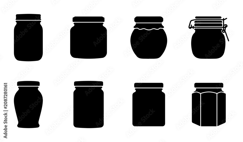 Fototapeta premium Glass Jars Collection, Food Storage Containers, Canning Preserve Vessels, Kitchenware Icons