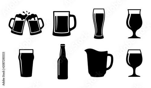 Konstfotografi Beer Icons Set: Glasses, Mugs, Bottles, Pitcher, Toasting Cheers, Vector Graphic