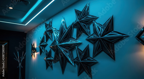 Modern Geometric Star Wall Art Installation with Neon Accent Lighting