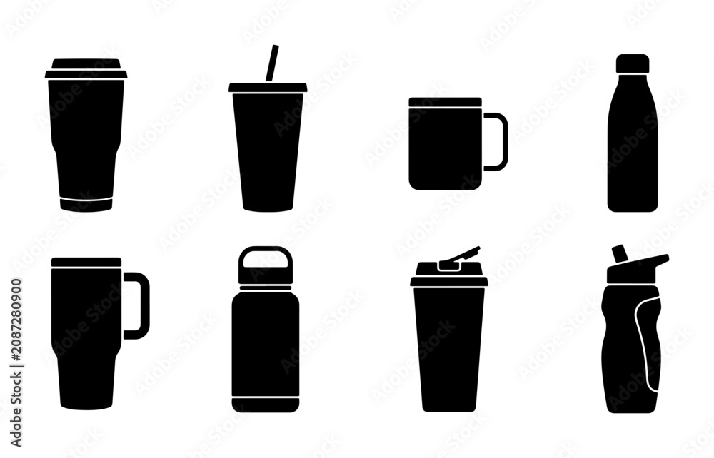 Fototapeta premium Collection of 8 Black Drinkware Icons: Cups, Bottles, Mugs, Tumblers for Beverage Design