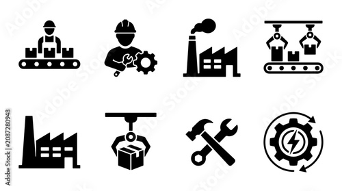 Obraz na plátně Industrial Icons Set: Factory, Worker, Robot Arm, Conveyor Belt, Tools, Engineer