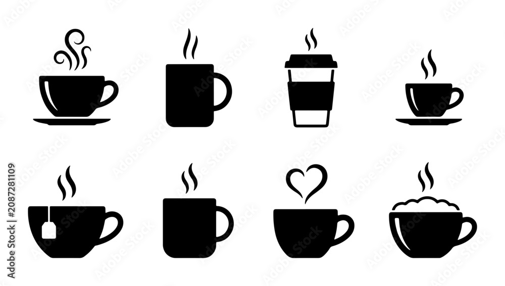 Fototapeta premium Hot Beverage Icons: Coffee, Tea, and Cup Designs for Cafes and Drink Menus