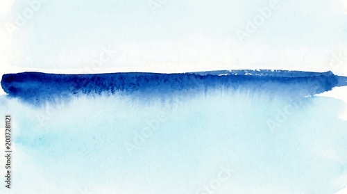 Abstract blue watercolor painting with minimalist horizon line gradient