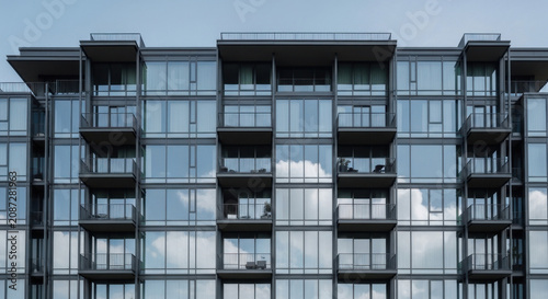 Modern Glass Facade Apartment Building Reflecting Sky And Clouds