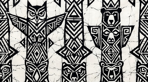 Black and white batik fabric with stylized totem pattern