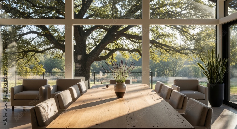 Fototapeta premium Modern living room with large windows overlooking nature and greenery