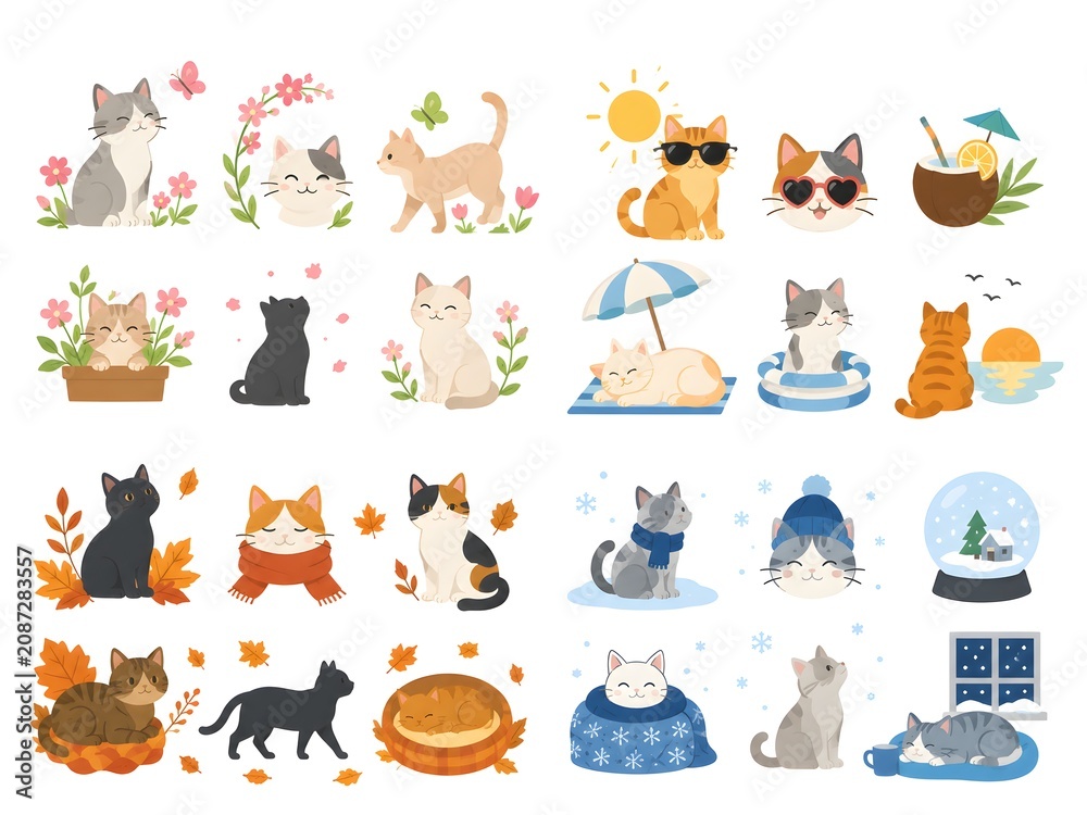 Obraz premium Cute cat illustration set with 24 seasonal elements, flat vector kittens in spring summer autumn and winter scenes, adorable pet character collection