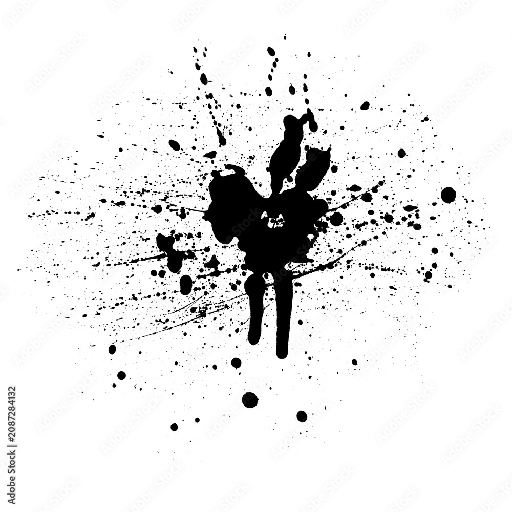 Obraz premium Black ink splatter on white background with paint drops and splashes abstract art design element creative graphic resource transparent background