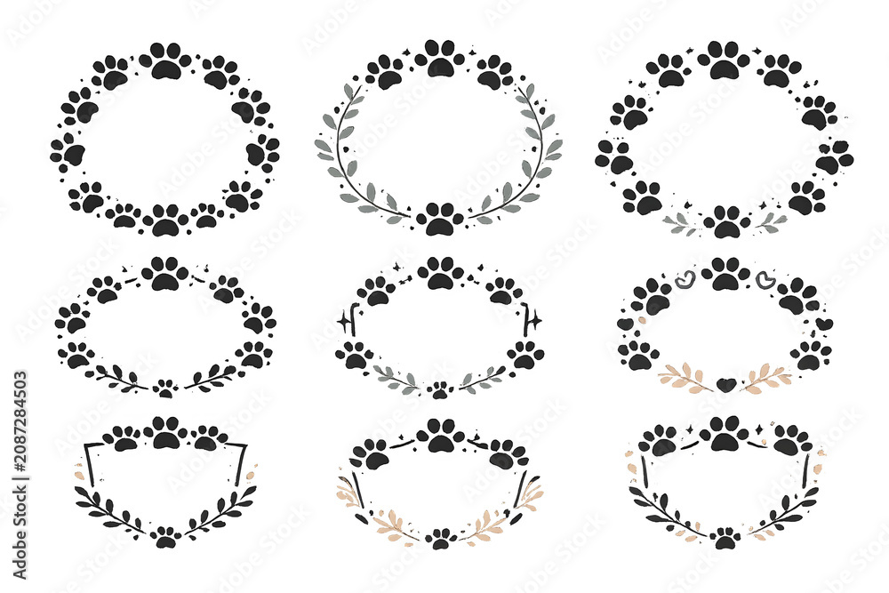 Fototapeta premium Dog paw print frames set with 9 floral wreaths, decorative animal track borders for pet branding, black and gold botanical paw print circles
