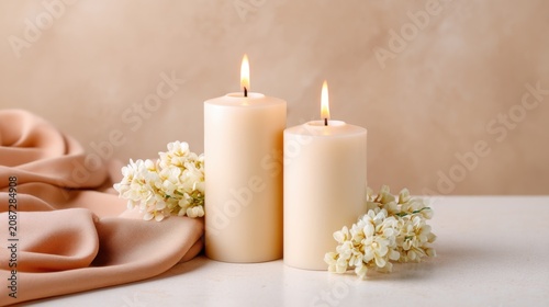elegant candles on table with soft fabric and flowers, warm natural light, minimal luxury background, cozy calm mood, empty space for text, ultra realistic