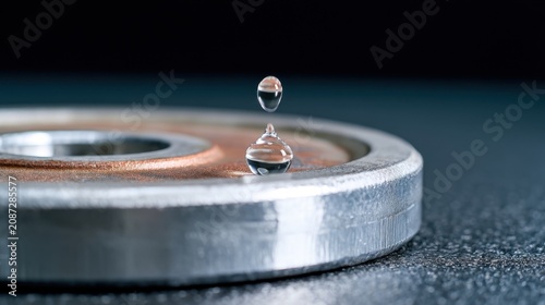 Minimalist fitness shot, a single glistening droplet on a polished chrome weight plate, dark background, harsh side lighting, extreme close up