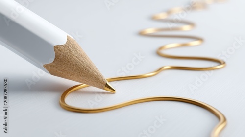 Minimalist creative concept, a white wooden pencil on a white surface, drawing a 3D glowing gold thread instead of a graphite line, soft shadows