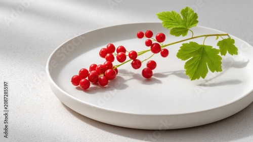 Minimalist food photography, a single perfect red currant branch with berries on a matte white ceramic plate, isolated on white background, sharp geometric