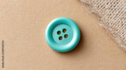 Minimalist sustainability shot, a single matte teal button made of recycled plastic on a raw kraft paper background, top view, clean and honest aesthetic