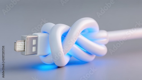 Minimalist technology, a white USB cable tied into a perfect knot, a soft blue glow emanating from the knot, isolated on a dark grey background