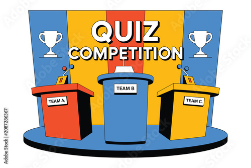 Quiz competition illustration with three podiums for teams a, b and c on a colorful stage background