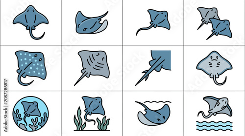 Stingray Icon Set: Underwater Ocean Life & Marine Animals