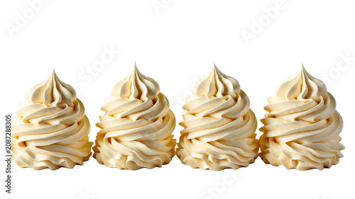 Four identical swirls of creamy white whipped topping or frosting arranged in a neat row against a clean and bright white background surface