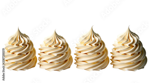Four identical swirls of creamy dessert in a uniform light beige color arranged in a horizontal row against a plain white background surface