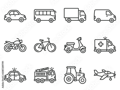 Vehicle Icons: Car, Bus, Truck, Van, Motorcycle, Bike, Scooter, Ambulance