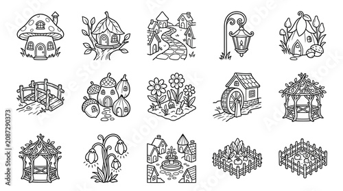 Whimsical Hand-Drawn Fairy Village and Garden Elements