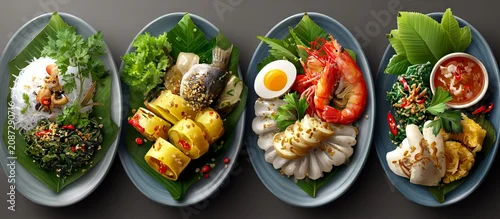 Panel kuchenny z motywem Gourmet. Seafood. Asian Dishes. Plated Delicacies.
