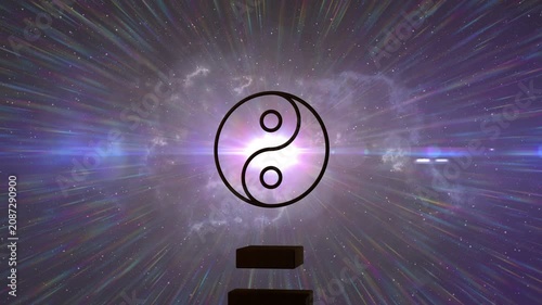 Central glow emerging sending streaks yin-yang emblem appearing three bars rising assembling emblem