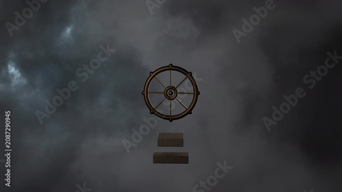 Ship wheel rotating as cloud flash causing blue backlight revealing three blocks and forming emblem
