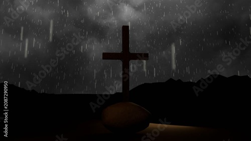 Low cloud releasing rain, raindrops falling past wooden cross while warm light highlighting base